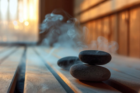 Steam gently rises from heated stones in a warm sauna, creating a peaceful atmosphere perfect for unwinding and enjoying a moment of self care.の素材