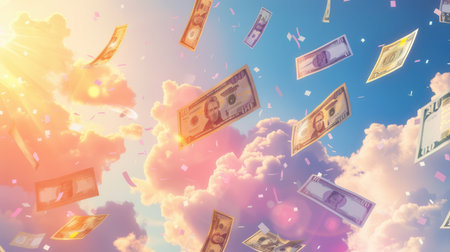 Bitcoin is rising majestically into the sky as Euro notes are scattering around in a vibrant blue and pink atmosphere filled with fluffy clouds.の素材