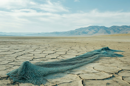 Beneath a clear sky, the cracked clay of a dried up lakebed holds traces of moisture and an abandoned fishing net, evoking a sense of desolation.の素材