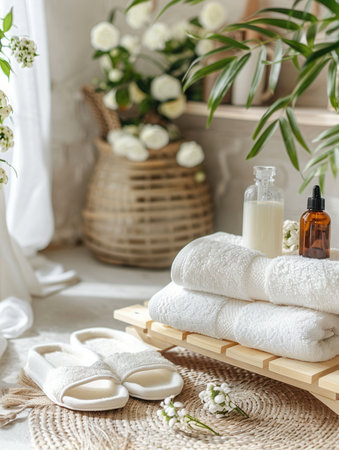 Emphasizing relaxation, the area features neatly arranged towels, fluffy slippers, and calming essential oils amidst a warm and inviting atmosphere.の素材