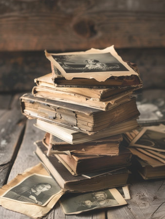 Collection of old photographs stacked on a rustic wooden table brings back memories of simpler times and cherished moments in history.の素材