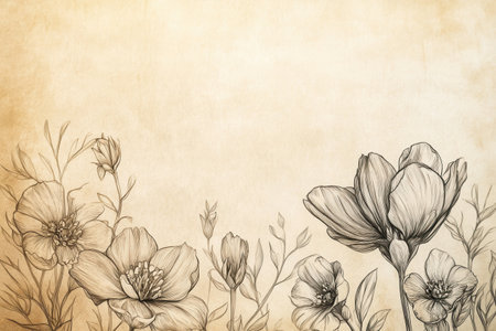 Delicate floral sketches on aged paper blend soft vintage tones, showing a harmonious balance of elegance and simplicity.の素材
