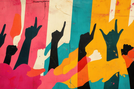 Retro style paper art features vibrant colors and bold silhouettes that capture the energetic spirit of the 1980s political movement.の素材