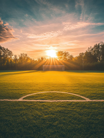 Wide angle view of a soccer field at sunrise with golden light casting long shadows across the grass. Empty space invites customization.の素材