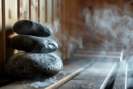Warm steam gently rises from stacked hot stones, enveloping the wood paneled sauna in an inviting and soothing ambiance ideal for unwinding.の素材