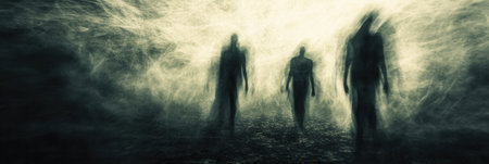 Figures loom in blurred shadows against a dark, abstract background, evoking feelings of fear and the unknown in a mysterious atmosphere.の素材
