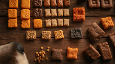A dogs nose intrudes into a neatly arranged selection of colorful treats and kibble on a wooden table, illuminated by soft sunlight.の素材