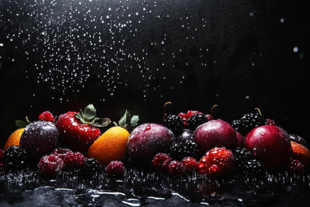 A vibrant assortment of fresh fruits including berries and plums, illuminated with sparkling water droplets on a dark surface.の素材