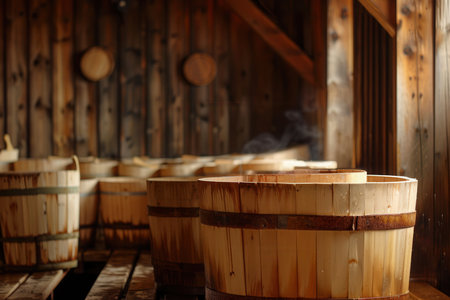 Large wooden tubs and buckets filled with steaming water enhance the authenticity of sauna rituals in a warm, rustic environment.の素材
