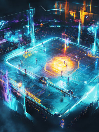 Avatars engage in intense digital battles within a vibrant virtual arena filled with colorful lights and a cheering crowd.の素材