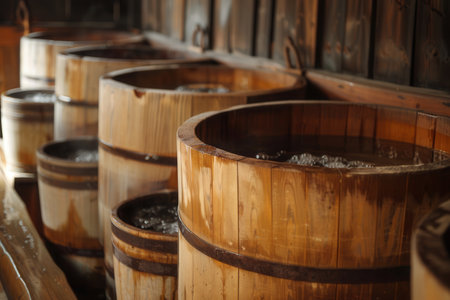 Large wooden tubs and buckets containing water are arranged for sauna use, creating a warm and inviting atmosphere for relaxation and wellness.の素材