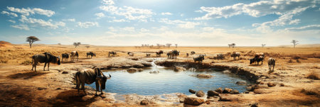 Desperate animals seek hydration at a cracked waterhole surrounded by a desolate environment, with wilted trees dotting the horizon.の素材