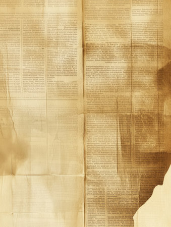 Vintage inspired background features layers of aged newspapers with soft sepia tones and creases for an authentic, historical look.の素材