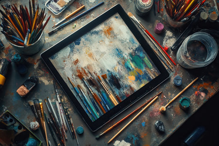 A creative workspace brims with scattered brushes, pencils, and digital tablets, inviting vibrant artistic exploration and inspiration.の素材