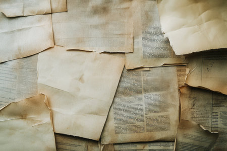 Textured layers of aged newspapers create a vintage inspired background, featuring soft sepia tones and authentic creases for an artistic touch.の素材