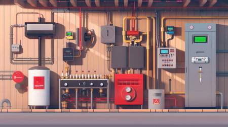 A complete heating system features a gas boiler, electric boiler, radiators, and meters in the basement for efficient temperature control.の素材