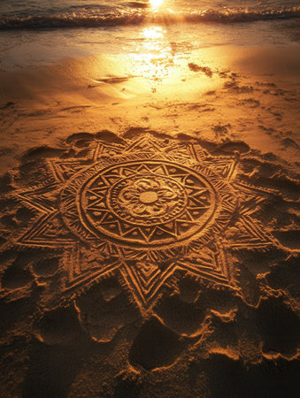 Intricate sand drawings showcase creative symbols illuminated by warm golden light during sunset on a peaceful beach, merging art with nature.の素材