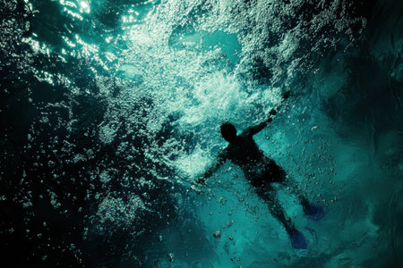 A person swims energetically in a pool, creating vibrant splashes in blue green water, captured from a top down view with space for text above.の素材