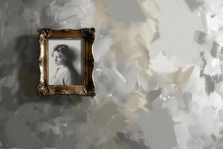 A beautifully designed gallery wall displays an elegant portrait framed in ornate gold, perfect for artistic presentations and gallery exhibitions.の素材