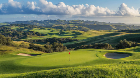 A peaceful golf course showcases rolling green hills under a clear sky, with a flag at the hole inviting players to enjoy the game.の素材