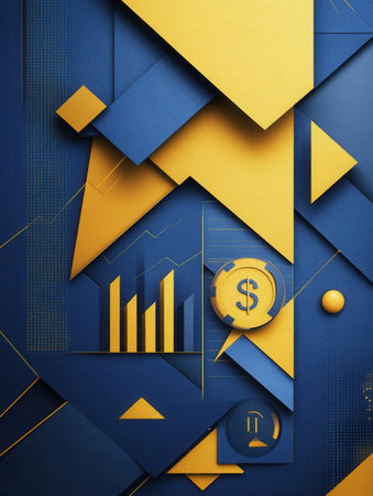 Layered geometric shapes create an abstract representation of financial growth with golden and deep blue textures, enhancing visual depth.の素材
