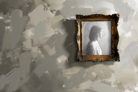 A beautifully framed portrait is displayed against a textured gallery wall, embodied artistry and sophistication in a professional setting.の素材