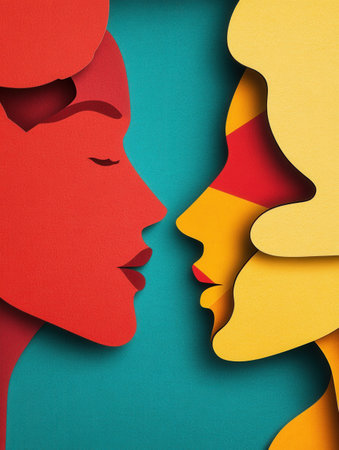 Bold silhouettes in vibrant colors create a striking retro style background, evoking the essence of 1980s political art with depth and texture.の素材