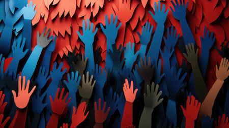 Layered cut out silhouettes in deep reds and blues depict a crowd showing solidarity with raised hands and flags as symbols of activism.の素材