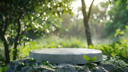 A gray stone pedestal is set on a rock platform amidst a beautiful green forest, surrounded by soft blurred foliage and natural light.の素材