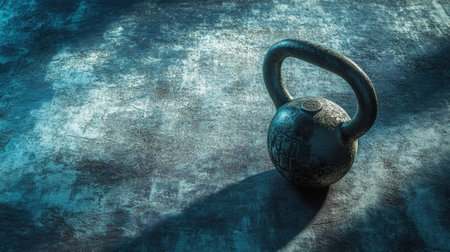 A kettlebell sits firmly on a textured gym floor, softly illuminated to create contrast, leaving space for informative text in the corner.の素材
