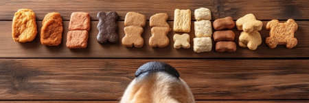 A selection of colorful dog treats and kibble is displayed on a wooden table as a curious dogs nose invades the frame.の素材