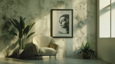 Sophisticated gallery wall design features an elegant portrait in a frame complemented by a stylish chair and greenery in warm lighting.の素材