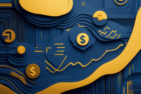 Layers of geometric shapes create an elegant representation of financial growth with shadows enhancing depth, designed for effective text placement.の素材