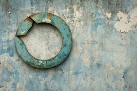 A circular recycling symbol is displayed on an aged, textured wall, representing sustainable consumption and environmental awareness.の素材