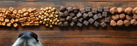 A curious dog nose peeks from the frame while assorted dog treats and kibble are neatly arranged on a wooden table.の素材