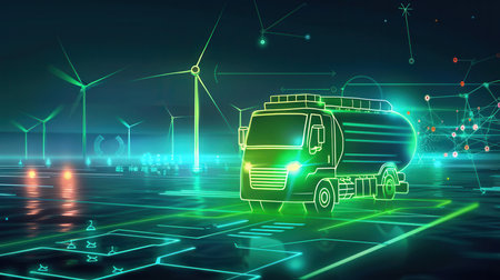 Futuristic concept visualization of green hydrogen production using renewable wind and solar energy for transportation.の素材