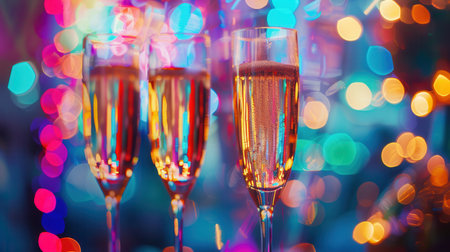 Brightly lit glasses of champagne create a joyful atmosphere, perfect for celebrations at bars and restaurants during exciting events or gatherings.の素材