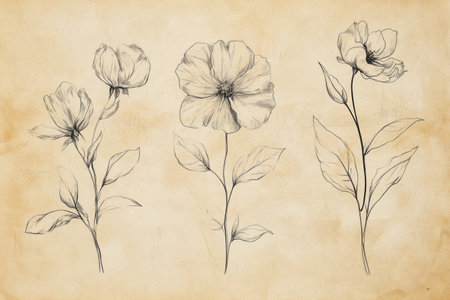 Delicate hand drawn floral sketches on aged paper display intricate line art in soft vintage tones, emphasizing balance and elegance.の素材