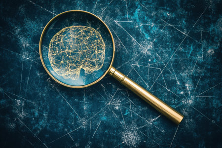 Under a magnifying glass, a network representing artificial intelligence showcases the need for transparency in technology development.の素材