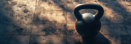 A kettlebell rests quietly on the gym floor, complemented by subtle textures and soft light, creating a tranquil yet active space for fitness.の素材