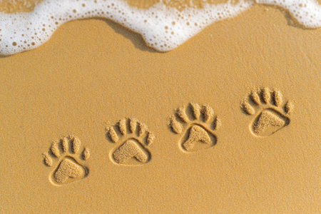 Close up of dog paw prints in golden sand, creating a diagonal path to where soft waves meet the shore under bright sunlight.の素材