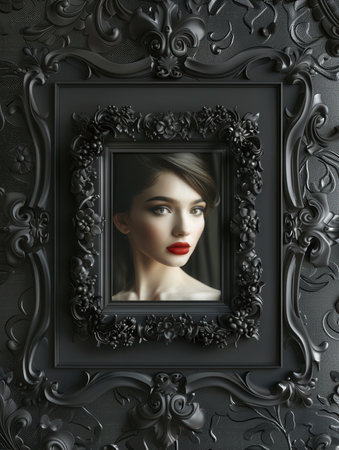 A chic gallery wall showcases a striking portrait in an ornate black frame, highlighting artistic storytelling and elegance.の素材