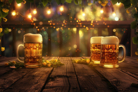 Beer mugs filled with frothy beer are set on a wooden table surrounded by a lively atmosphere, perfect for Oktoberfest celebrations and gatherings.の素材