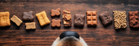 Selection of dog treats and kibble arranged neatly on a wooden table while a curious dog nose explores the tempting assortment.の素材
