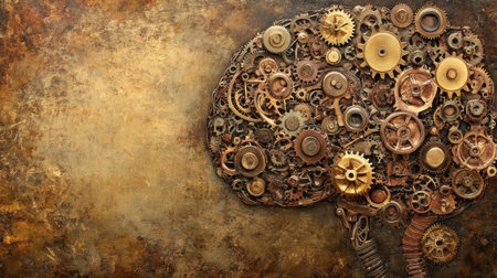 A unique brain design composed of mechanical elements and warm tones showcases intricate gears, ready for creative text additions.の素材
