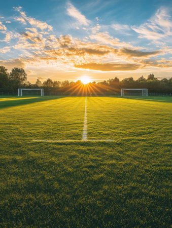 A tranquil soccer field welcomes the day with golden sunlight illuminating the grass and casting shadows as the sun rises.の素材
