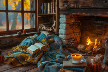 Warm blanket, steaming cup, and an open book create a perfect autumn atmosphere by the crackling fireplace in a cozy nook.の素材