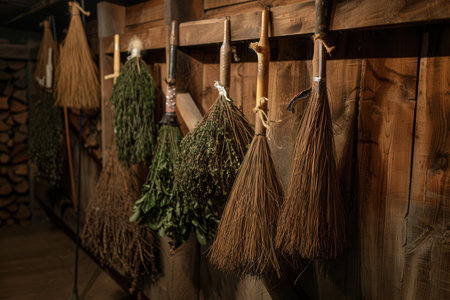 Traditional sauna featuring rustic wood walls adorned with bundles of medicinal herbs and brooms, creating a calming and natural atmosphere.の素材