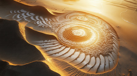 Intricate patterns form in the sand as warm golden light highlights creative symbols during a serene moment at sunsetの素材