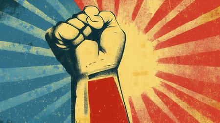 Bold red, yellow, and blue tones create a vibrant background for activism inspired by 1960s protests showing unity and strength.の素材